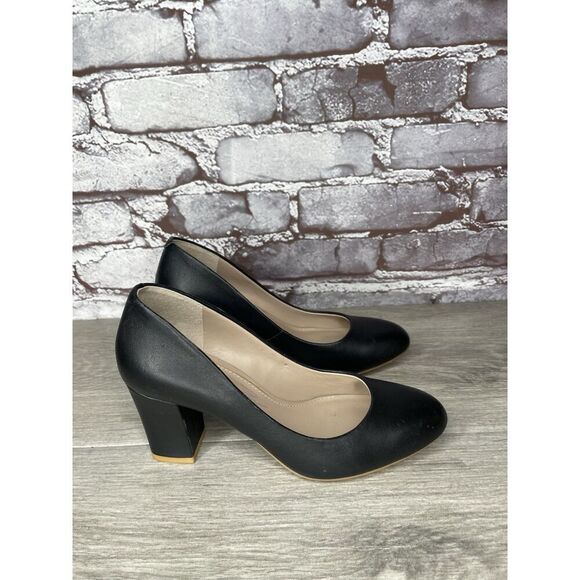 Shoes of Prey Black Leather Round Toe Pumps Block Heels Women’s Sz 4M US/34EU - Picture 16 of 16